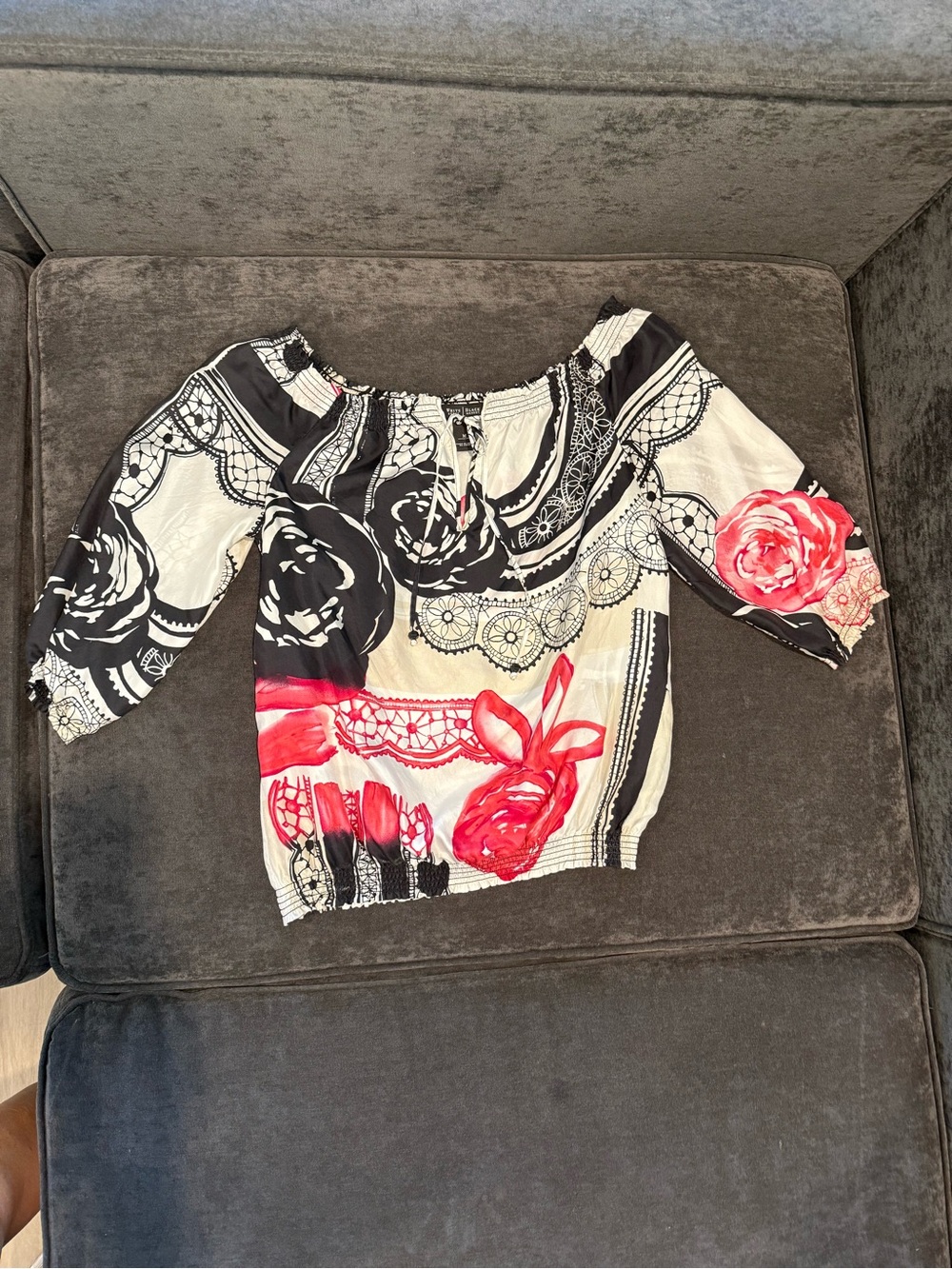 White House Black Market Black, White & Pink Floral Off-Shoulder Silk Top